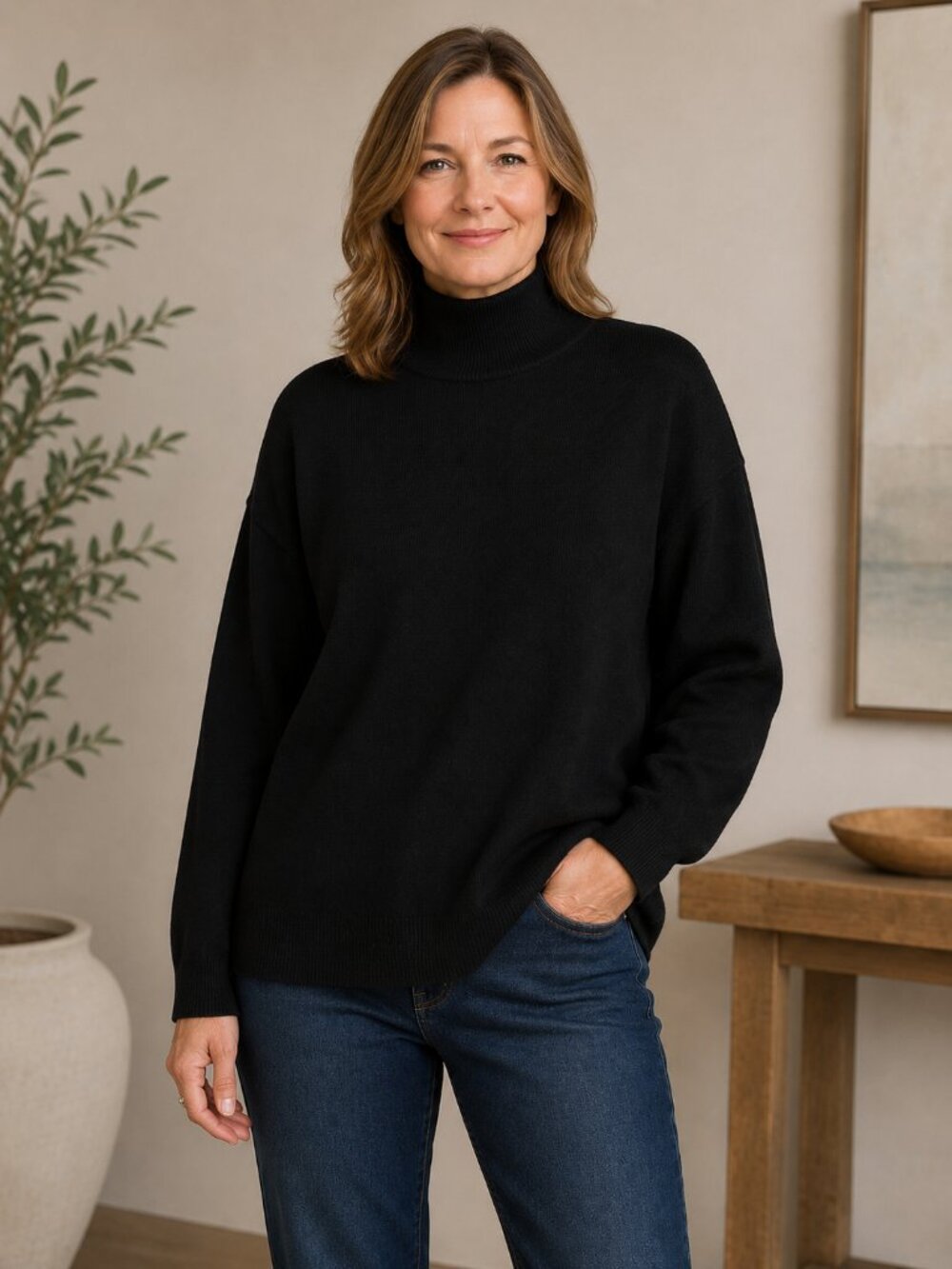Vintage St. John Women's Black Mock Neck Santana Knit Sweater Sz. L